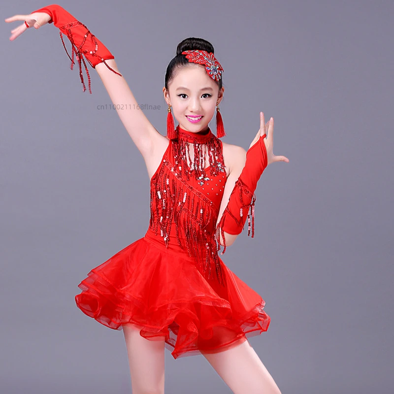 Детское платье для латинских танцев, костюм для выступлений, новый костюм для современных соревнований для девочек, танцевальный костюм с блестками и кисточками