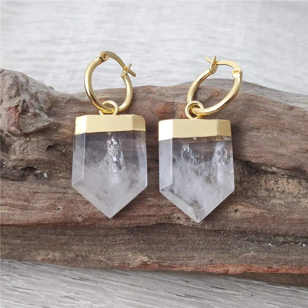 

FUWO Carved Shield Shape Clear Quartz Earrings,Golden Plated Handmade Natural White Crystal Jewelry Wholesale ER211 5Pairs/Lot