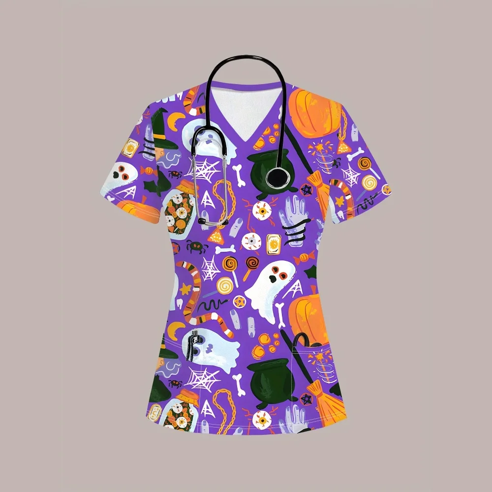 スクラブ制服女性ハロウィンシリーズ獣医医療スクラブトップスカジュアル半袖ポケット付き臨床制服女性