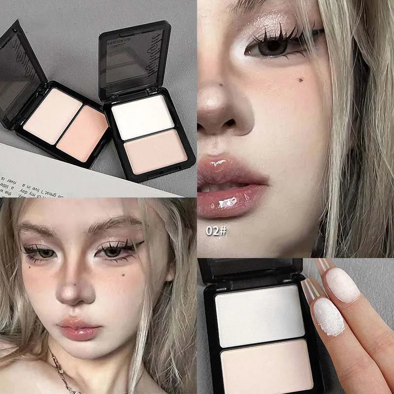 Dwukolorowy rozświetlacz i cień do powiek w pudrze, delikatny, naturalny, lekki, matowy wykończenie, cień do powiek z efektem soft focus, rozjaśniający makijaż.