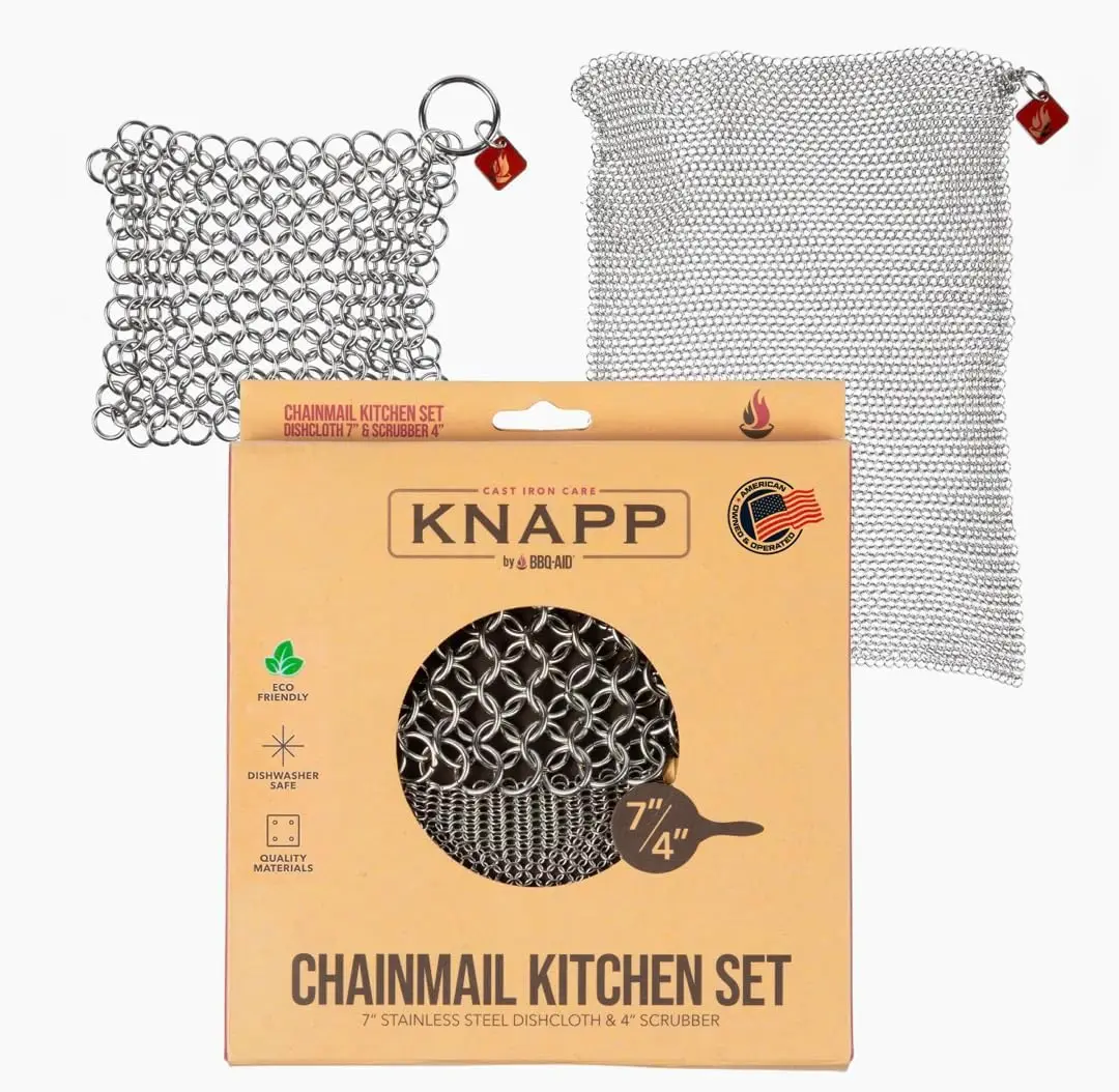 

Набор кухонных мочалок из чугуна Knapp Made Chainmail Scrubber - размеры 4 и 7 дюймов. Премиальное средство для чистки нержавеющей стали