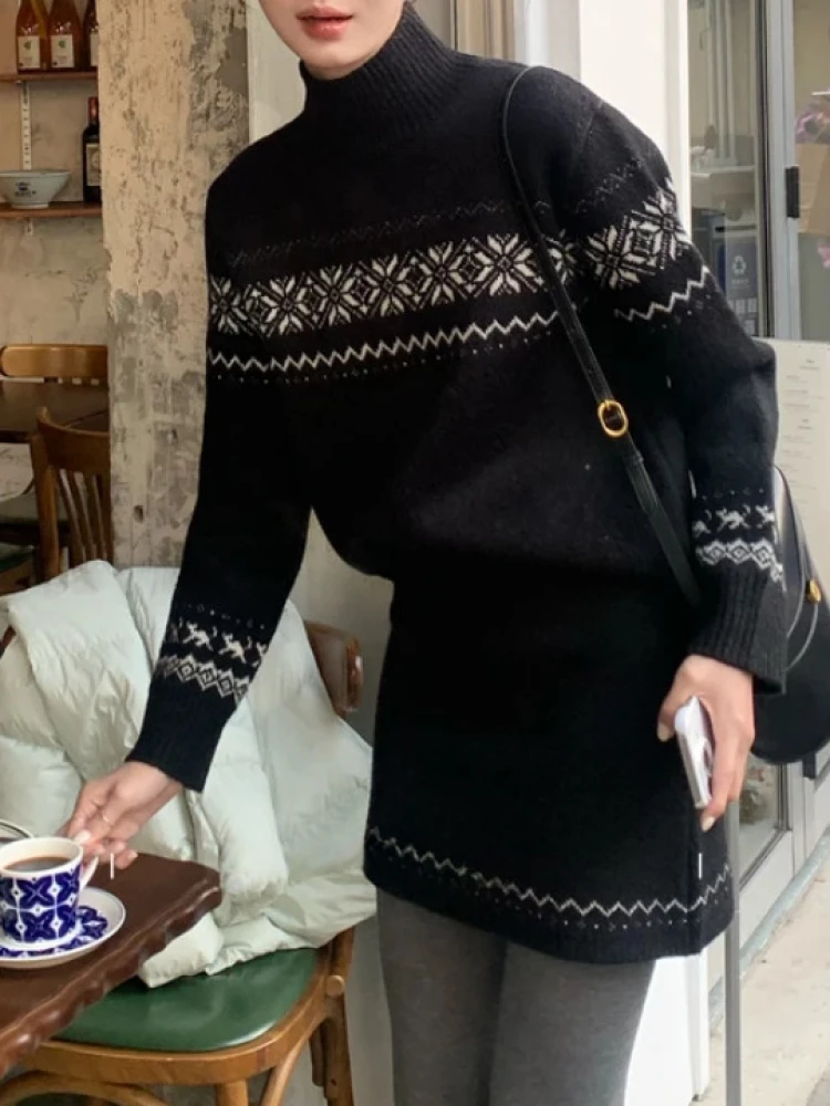 

Модный комплект из свитера в скандинавском стиле Fair Isle и короткой юбки с высоким воротником, осенне-зимний комплект из двух предметов для женщин, повседневный стиль.