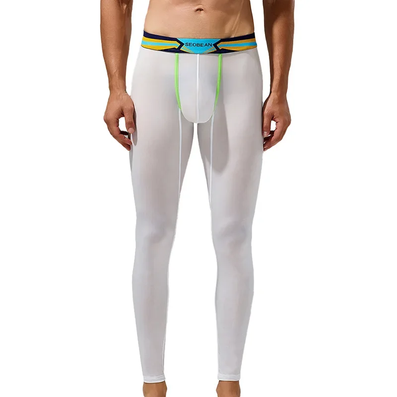 Men's Thermal Underwear Bottoms Spring Autumn Mens Leggings Ultra-thin Trousers White Blue Long Johns Sexy Men Sleepwear