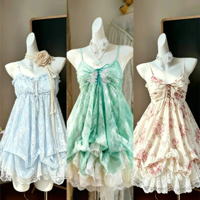 2026 Sommer Harajuku Y2K Stil Damen Lolita Kleid Retro Süßes Outfit mit Spitze, Schleife, Rüschen und Kuchenrock – Passende Bandage-Partykleider