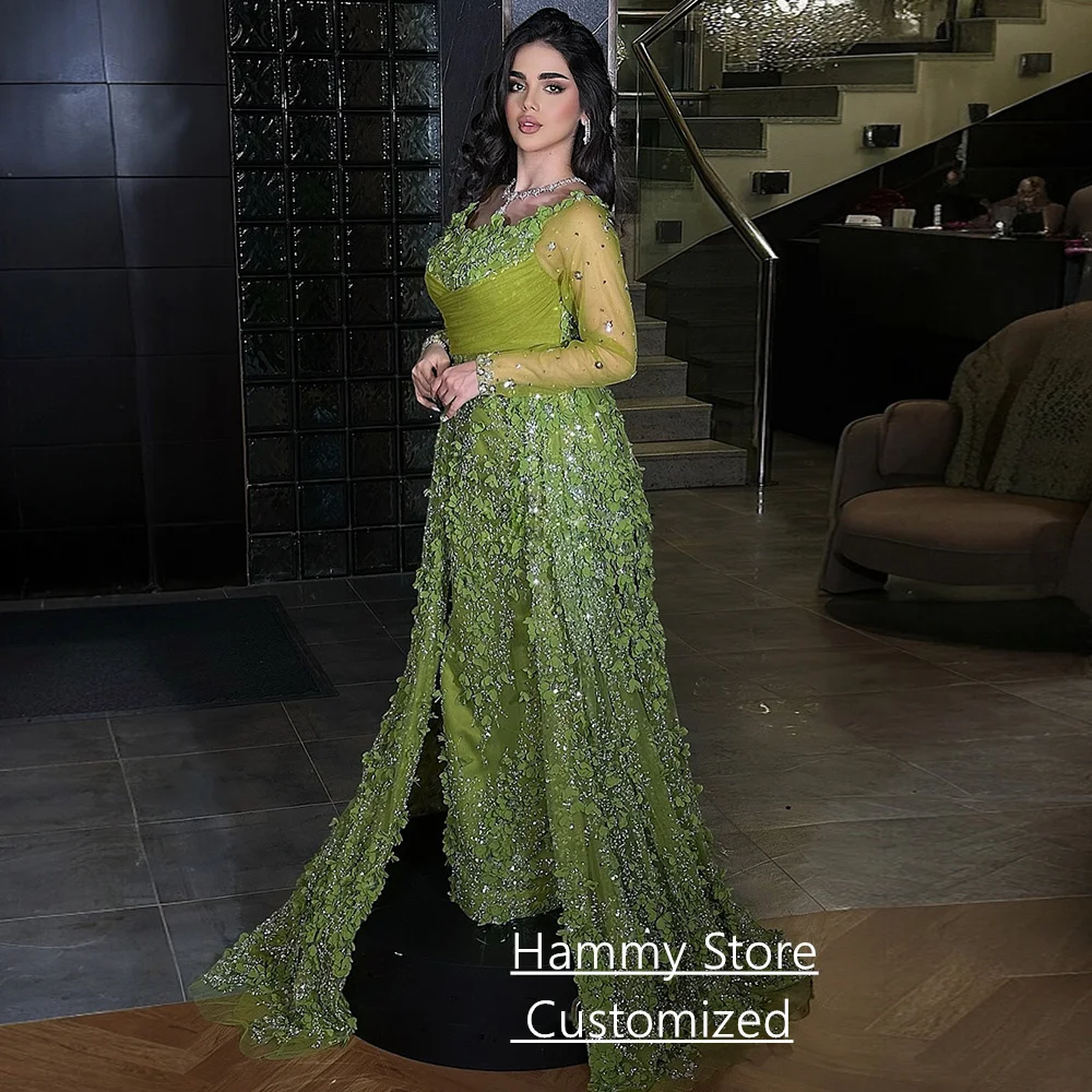 فستان سهرة عربي مع ذيل مخصص رقبة سكوب وأكمام طويلة زهور دانتيل لحفلات الزفاف فساتين حفلة موسيقية سعودية