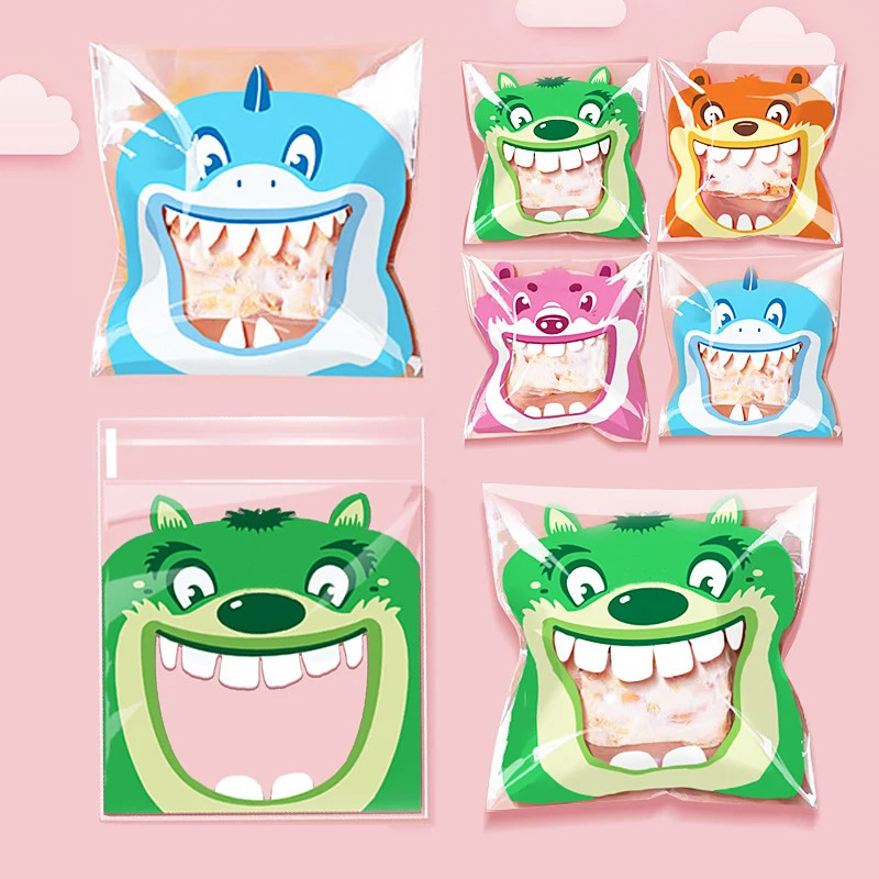 100pcs Cute Printing Opp Self-sealing Bag Lovely Animals Big Mouth Printed Gift Decorative Bags For Birthday Wedding Party Decor
