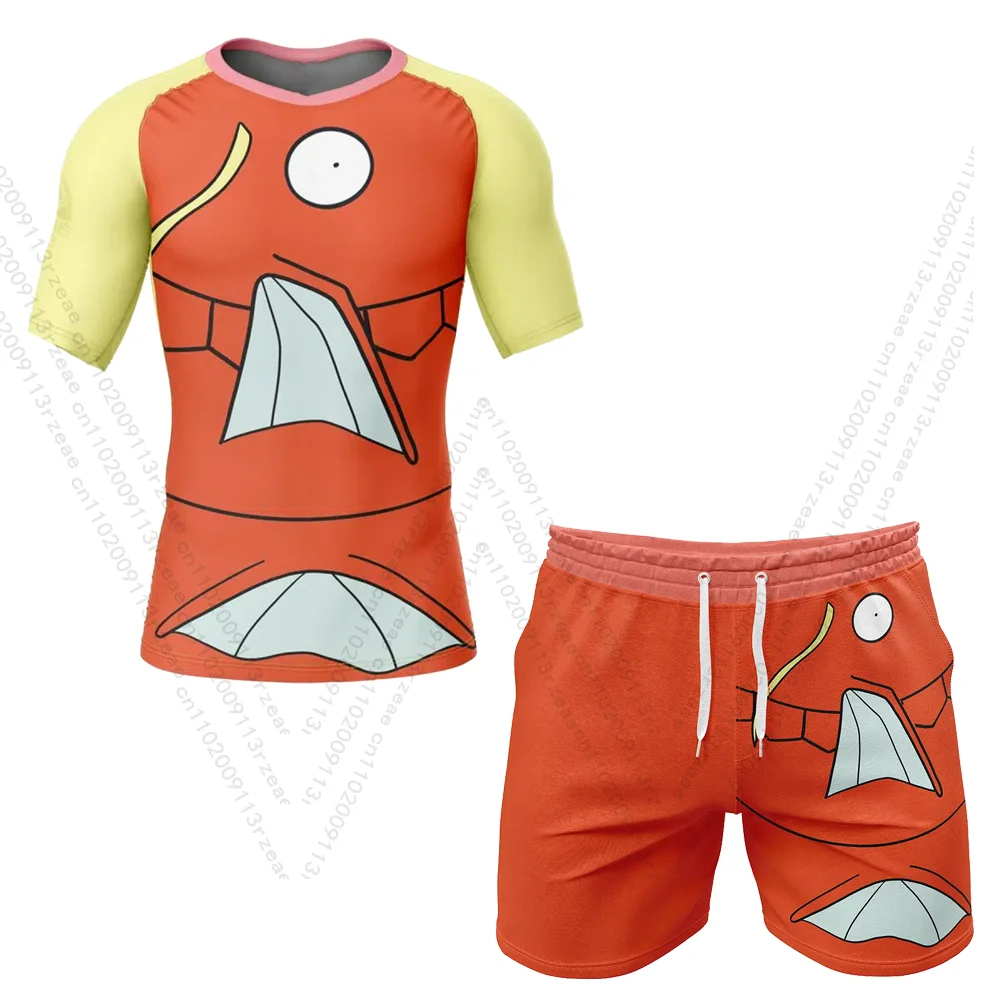 Magikarp Pokemon Anime Men's Cosplay Set Print Gym T-shirt Pocket Monster Kawaii Breathable Shorts Quick Dry Sports Kids Suit