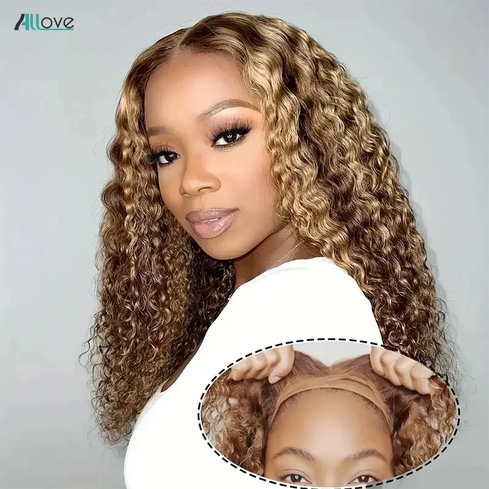 Allove Glueless Highlight Bob Wig Curly Human Hair Wig 4x4 Lace Closure Human Hair Wigs Honey Blonde Short Bob Wig For Women