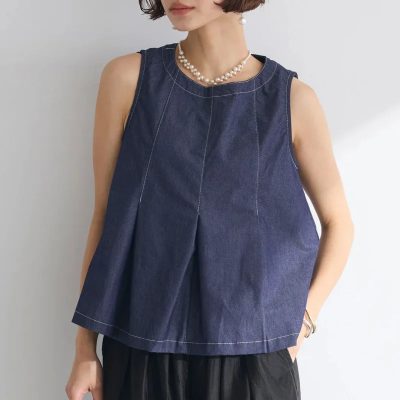 

New Summer Spliced Women's Washed Denim Thin Shirt Sleeveless Causal Top