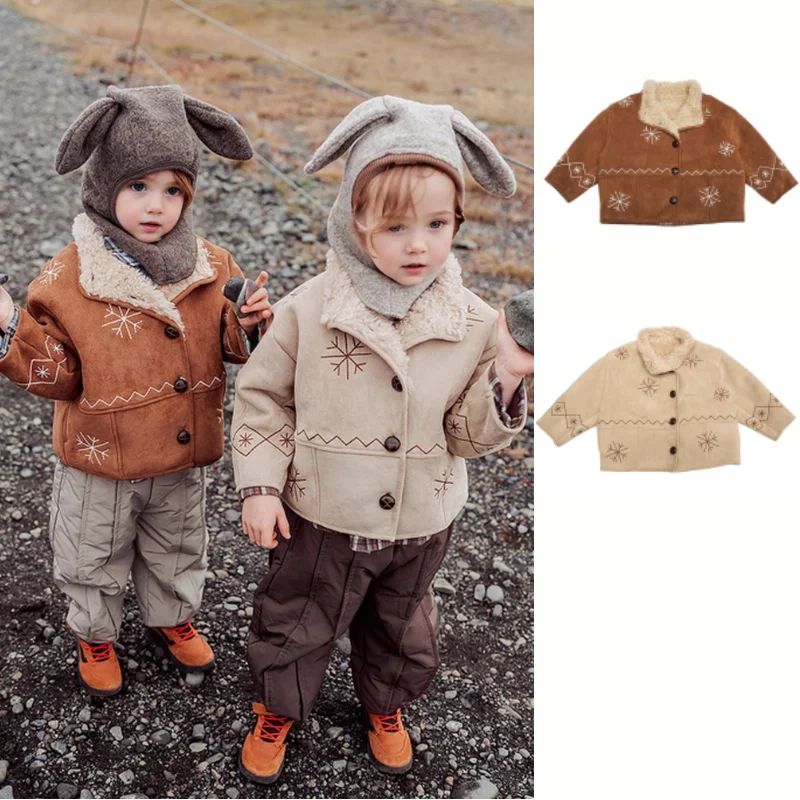 Kids Jacket 2026 Winter New Brown Suede Composite Lambswool Snowflake Boys Girls Coat Thickened Warm European and American Top