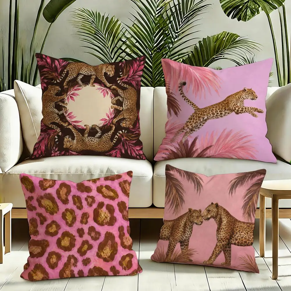 Pink Leopard Pair Cushion Cover Silky Short Plush Invisible Zipper Dustproof Sofa Pillow Case for Home Decor