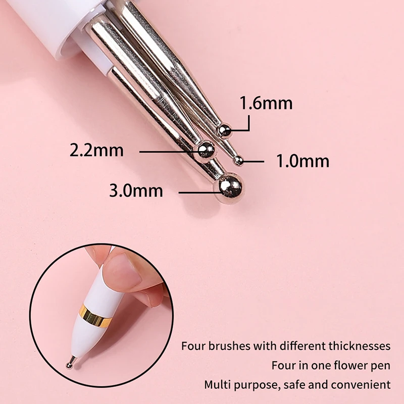 4 In 1 Nail Point Diamond Pen Ballpoint Design Nail Tools Manicure Tip Dot Paint Pink/White Pen With 4 Different Sizes