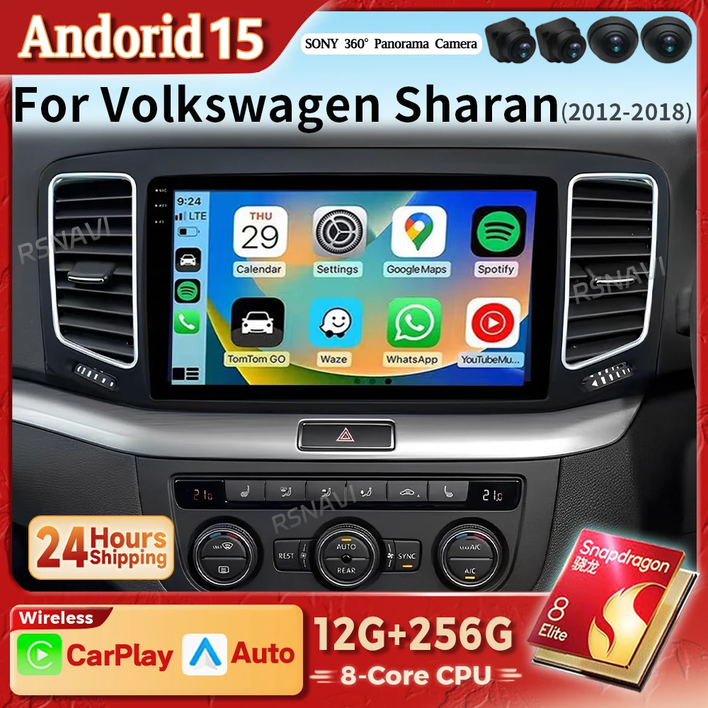 Android 15, 6G 128G 8-Core CAMECHO Autoradio für Volkswagen Sharan II 7N Seat Alhambra II 2012-2015 Carplay Android Auto, 9 Zoll IPS Radio mit Bluetooth FM/RDS EQ DSP GPS WiFi Rückfahrkamera&MIC