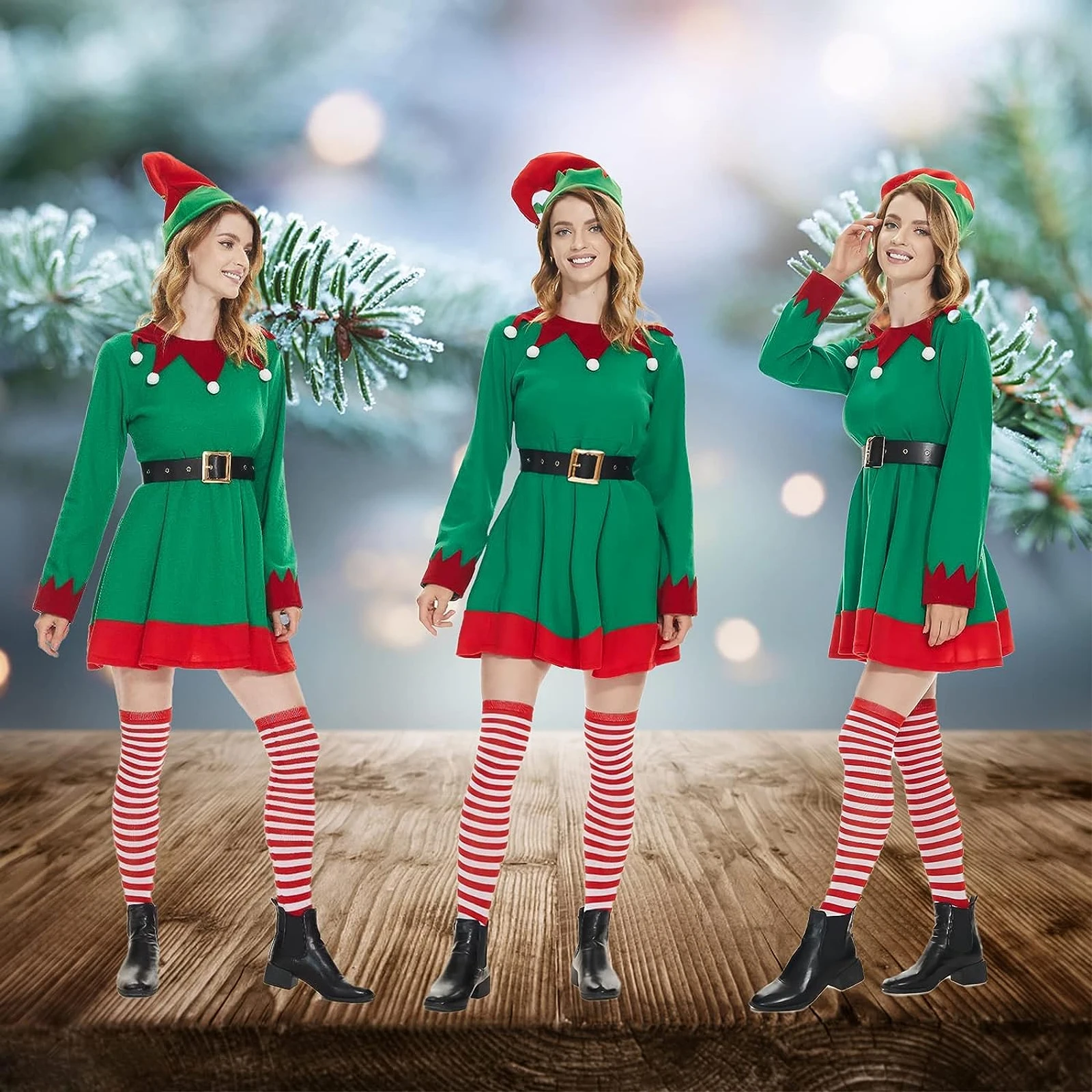 Women Christmas Elf Costumes Dresses with Belt Striped Stockings and Hats Set for Cosplay Role-Playing Party Outfits