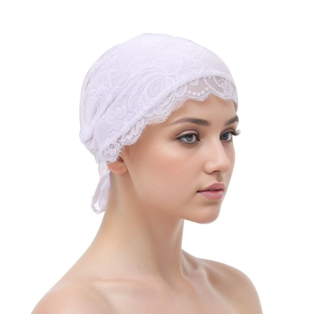 Fashion Elegant Turban Hat Solid Color Breathable Lace Inner Cap Tie Straps Elastic Hijab Cap Female Head Covering