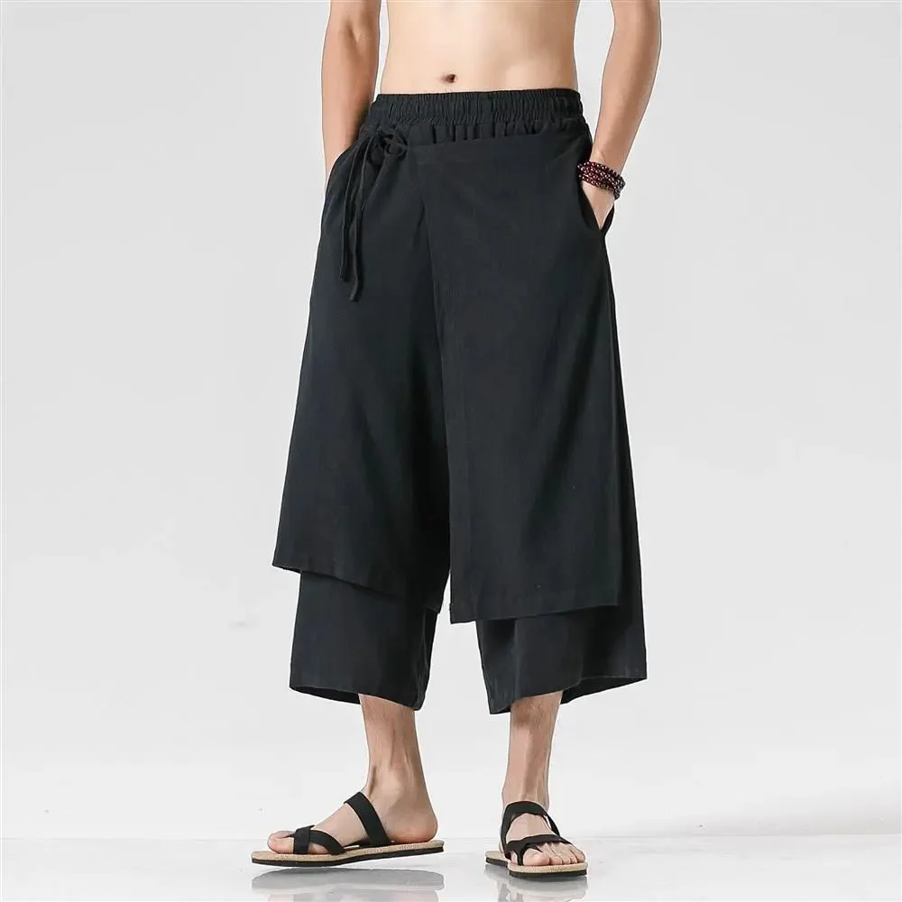 

Mens Gothic Culottes Double Thin Samurai Skirt Japanese Streetwear Harajuku Casual Hakama Straight Pants Men'S Clothing Unisex