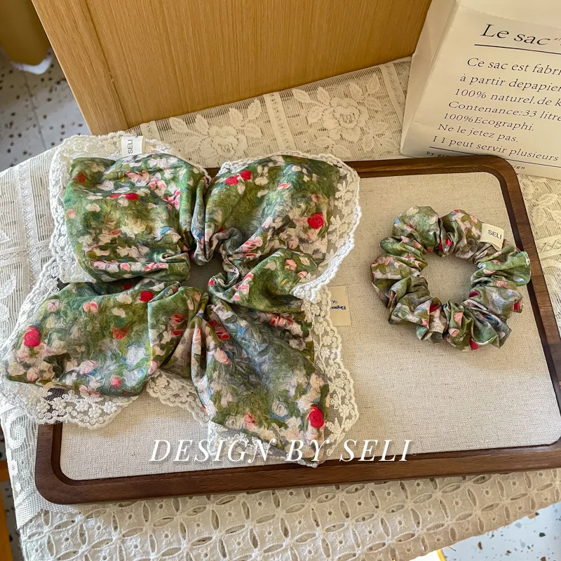 

2 pcs Green Oil Painting Hair Tie, White Floral Personality Hair Clip, French Spring And Summer Hair Tie Hair Ornament Hair Tie