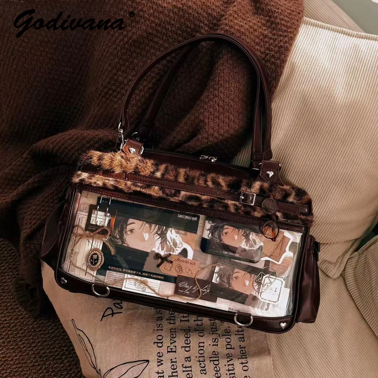 Leopard Fur stitching Sweet Cool Pain Bag New Anime Exhibition Student Girl Leather Shoulder Bag Original Totes Armpit Bags