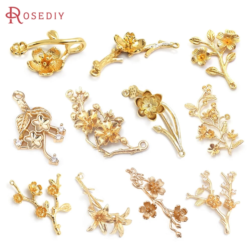 18K Gold Color Brass Plum Lotus Flower Branch Charms Pendants High Quality Diy Jewelry Making Supplies Necklace Accessories