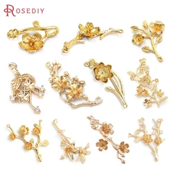 18K Gold Color Brass Plum Lotus Flower Branch Charms Pendants High Quality Diy Jewelry Making Supplies Necklace Accessories