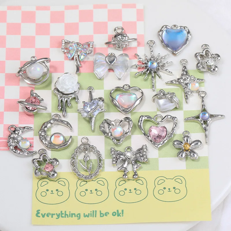 

Silver Zircon Y2K Charms Jewelry Making Star Moon Heart Pendants DIY Bulk Charms Necklace Cute Bowknot Girl Accessories
