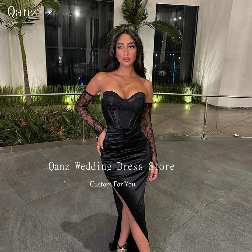 

Qanz Mermaid Black Prom Dresses Long Sleeves Satin Lace Sexy High Slit Bespoke Occasion Dresses Vestidos De Fiesta Customized