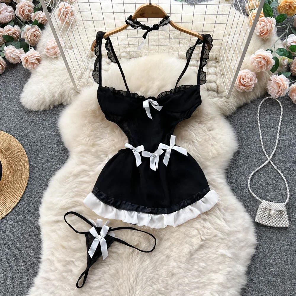 Women Erotic Uniform Sensual Night Dress Fashion Camis Lace Spliced A-line Nightwear Female Maid Slim Sheer Pajamas