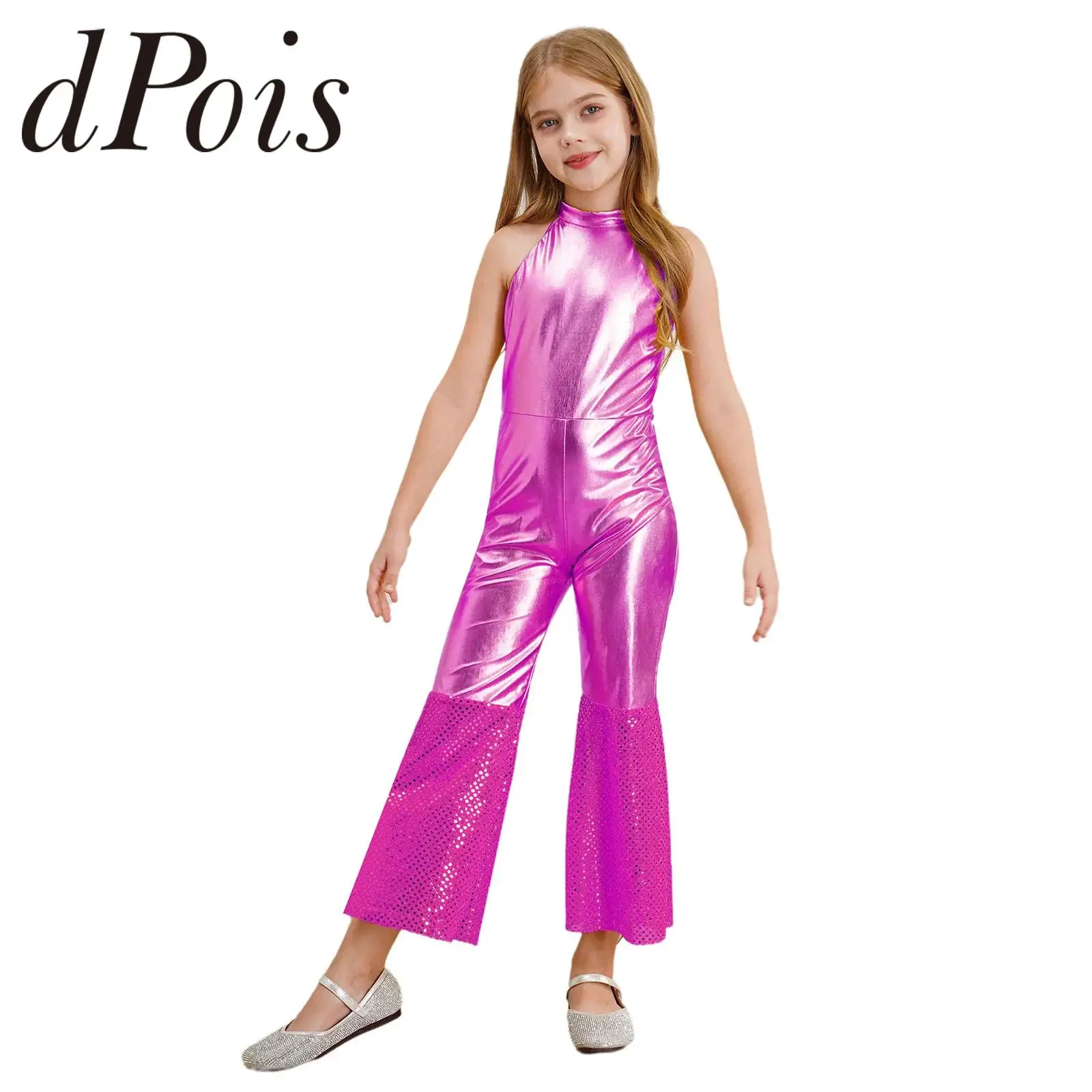 Children's 70s Disco Dance Costume Girls Dancing Jumpsuit Flares Shiny Metallic Dancewear Sequin Bodysuit Performance Costume