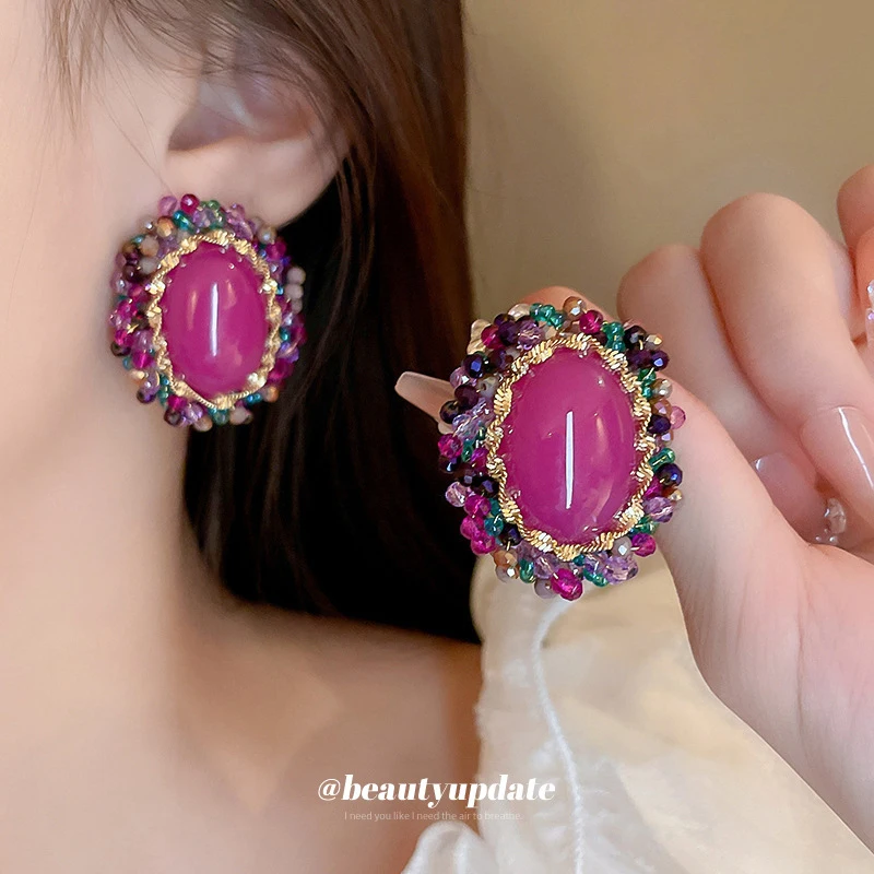 Silbernadel mit Diamanten Besetzte Künstliche Kristall-Ovale Ohrringe Modische Antike Künstlerische Retro Hochwertige Bankett-Accessoires
