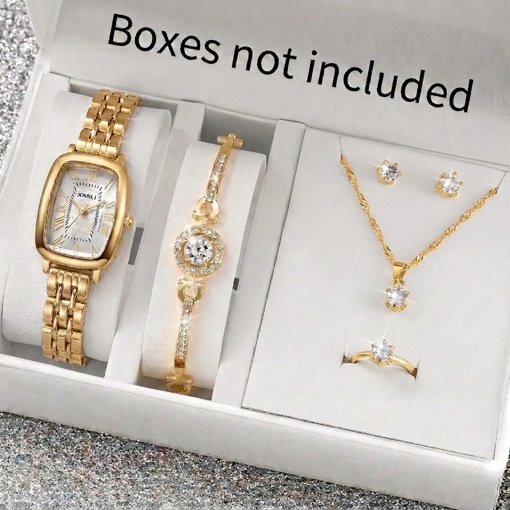 6PCS Elegant Roma Dial Women Quartz Watch Jewelry Set Ladies Bracelet Strap Wristwatches Relogio Feminino Clock GiftWithout Box