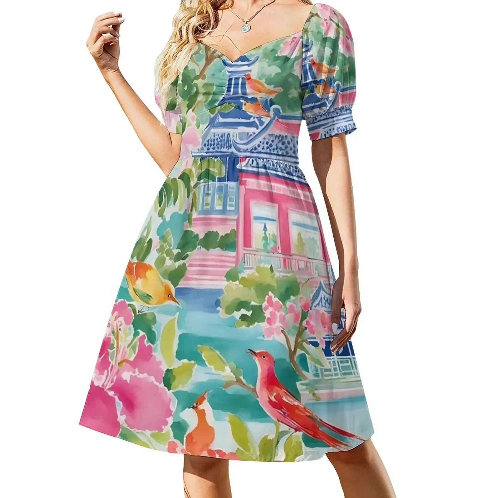 

Grandmillennial style chinoiserie garden Short-Sleeved Dress Woman's evening dress summer dress womens 2025