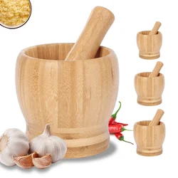 Leeseph Bamboo Mortar and Pestle Set, Garlic Grinder, Herb Spice Masher, Seasoning Crusher, Kitchen Tool for Mash Spices Pepper