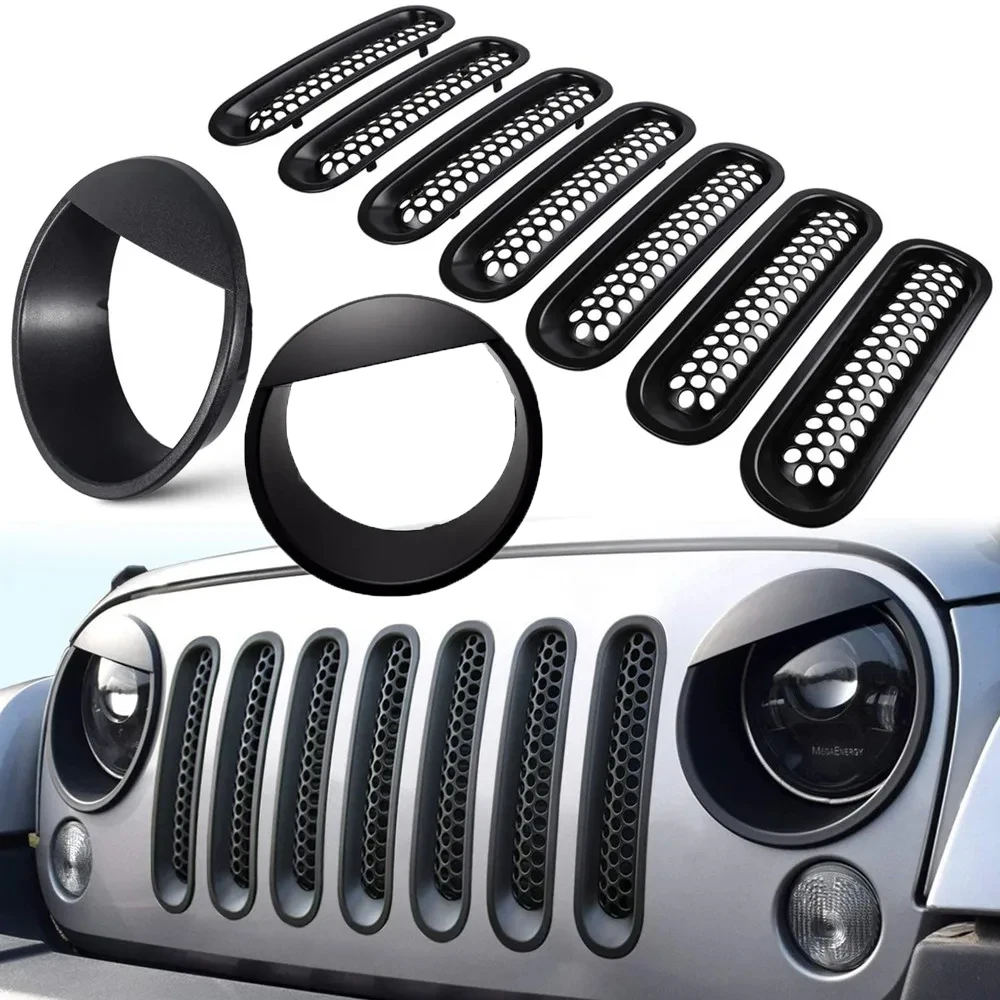 For Jeep Wrangler Head Lights Trim Turn Signal Light Cover Guard Black Front Mesh Grille Cover Guard Clip-in 07-18 Accessories