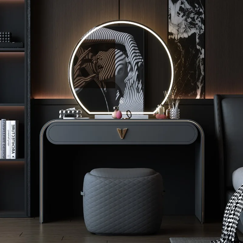 Minimalist dressing table, modern minimalist small apartment, bedroom, large mirror, high-end feeling, all solid wood light