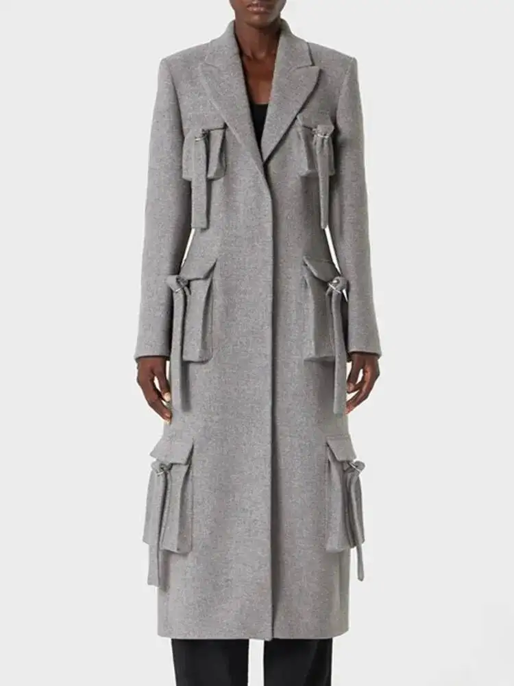 

HUISONG элегантные плащи со сращенными карманами для женщин, шикарный плащ с зубчатым воротником и длинными рукавами в стиле пэчворк на шнуровке, женская одежда