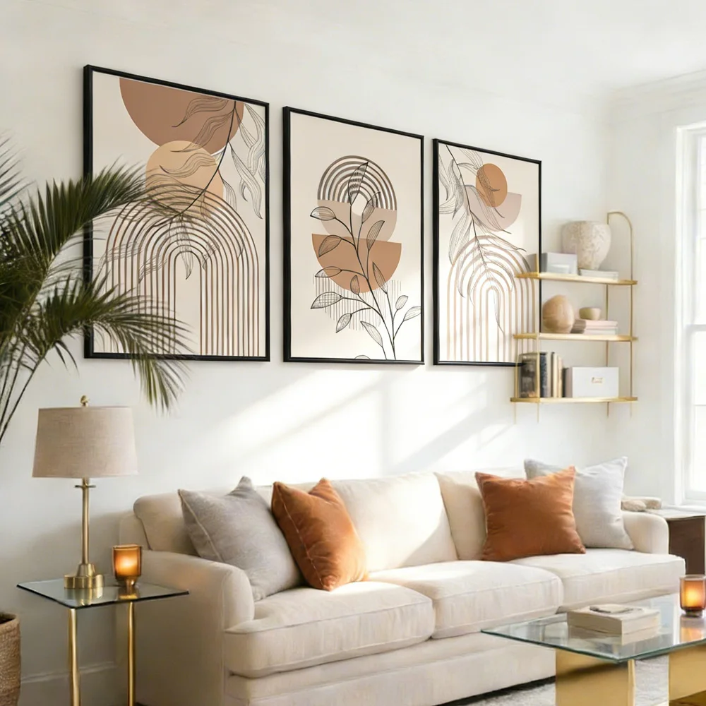 3 Panel Abstract Boho Wall Art, 16x24 Inch Geometric Mountain Leaf Framed Wall Prints Home Decor
