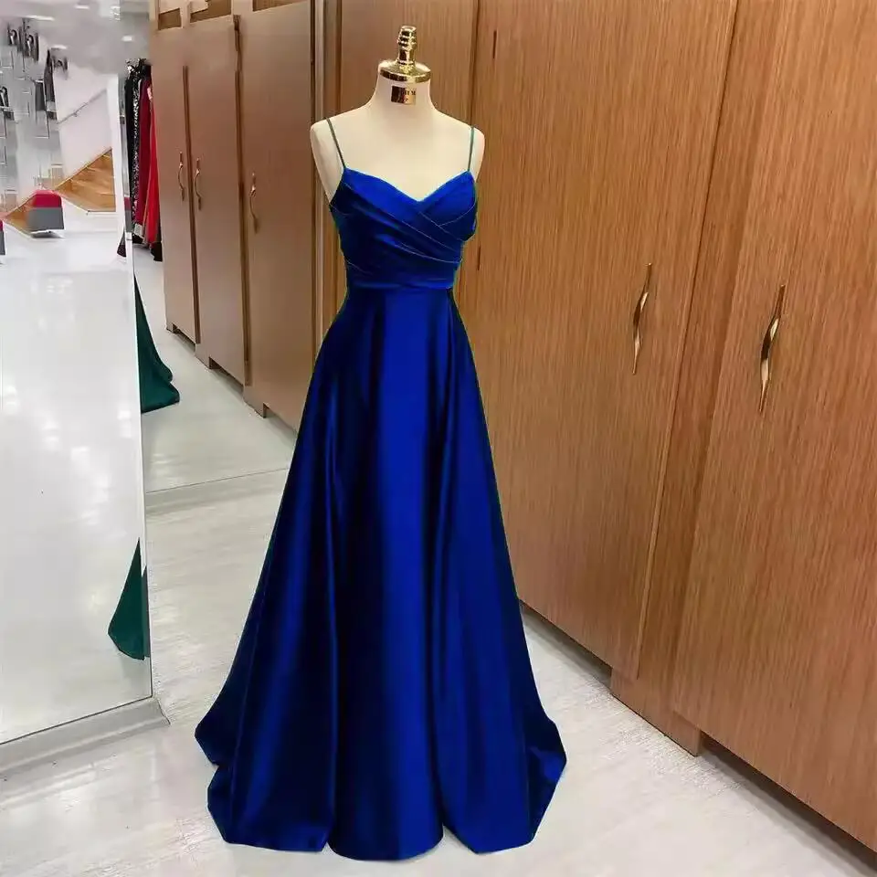 Simple Spaghetti Straps A-Line Satin Evening Dress Long Pleat Party Gown Lace Up abendkleid 2024 vestidos de fiesta فساتين سهرة