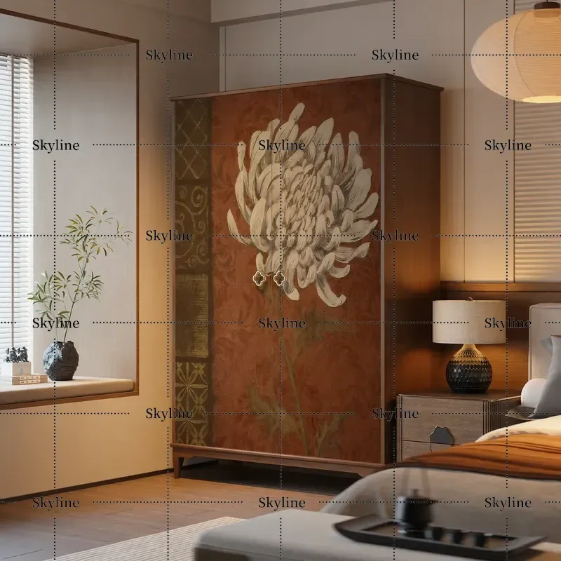 for Medieval Art Flower Printing New Chinese Style Pure Solid Wood Wardrobe Fully Equipped Bedroom Locker Customizable