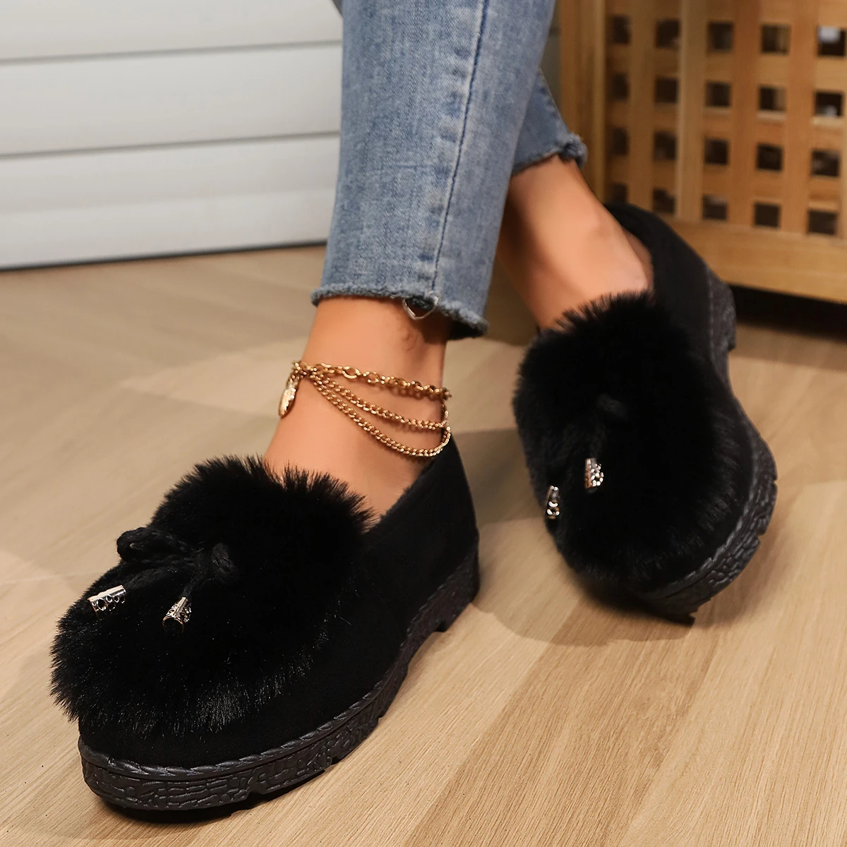 Elegant Autumn Winter Ballet Loafer Flat Shoes Women Female Flats Loafers Fur Round Toe Ladies Brand Design Teddy Outdoor Shoes