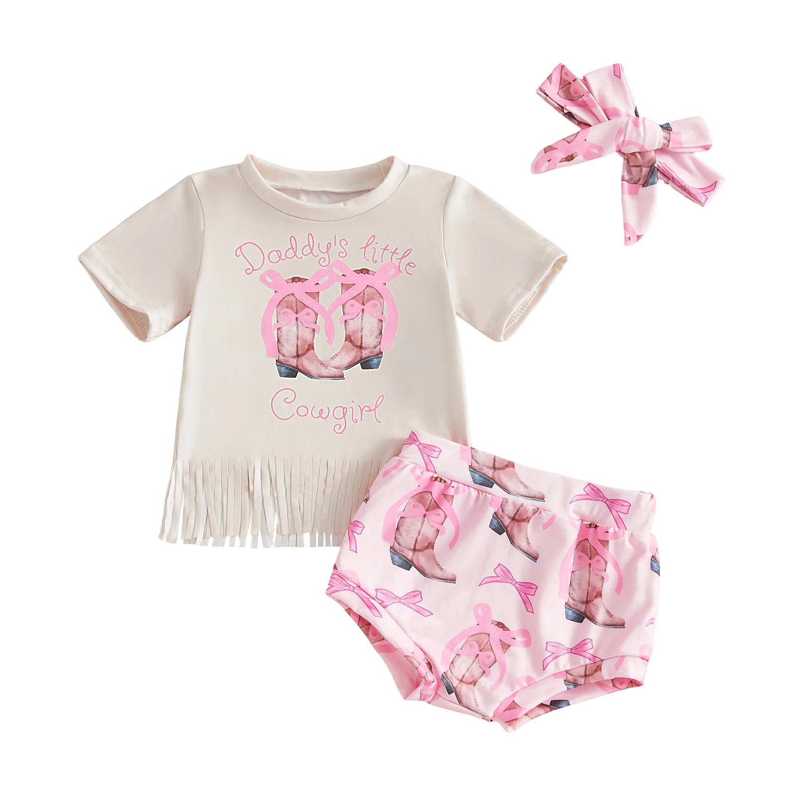 Baby Girls Shorts Set, Boots/Hat Print Short Sleeve Tasseled T-shirt with Shorts and Headband Summer Outfit 0-24M