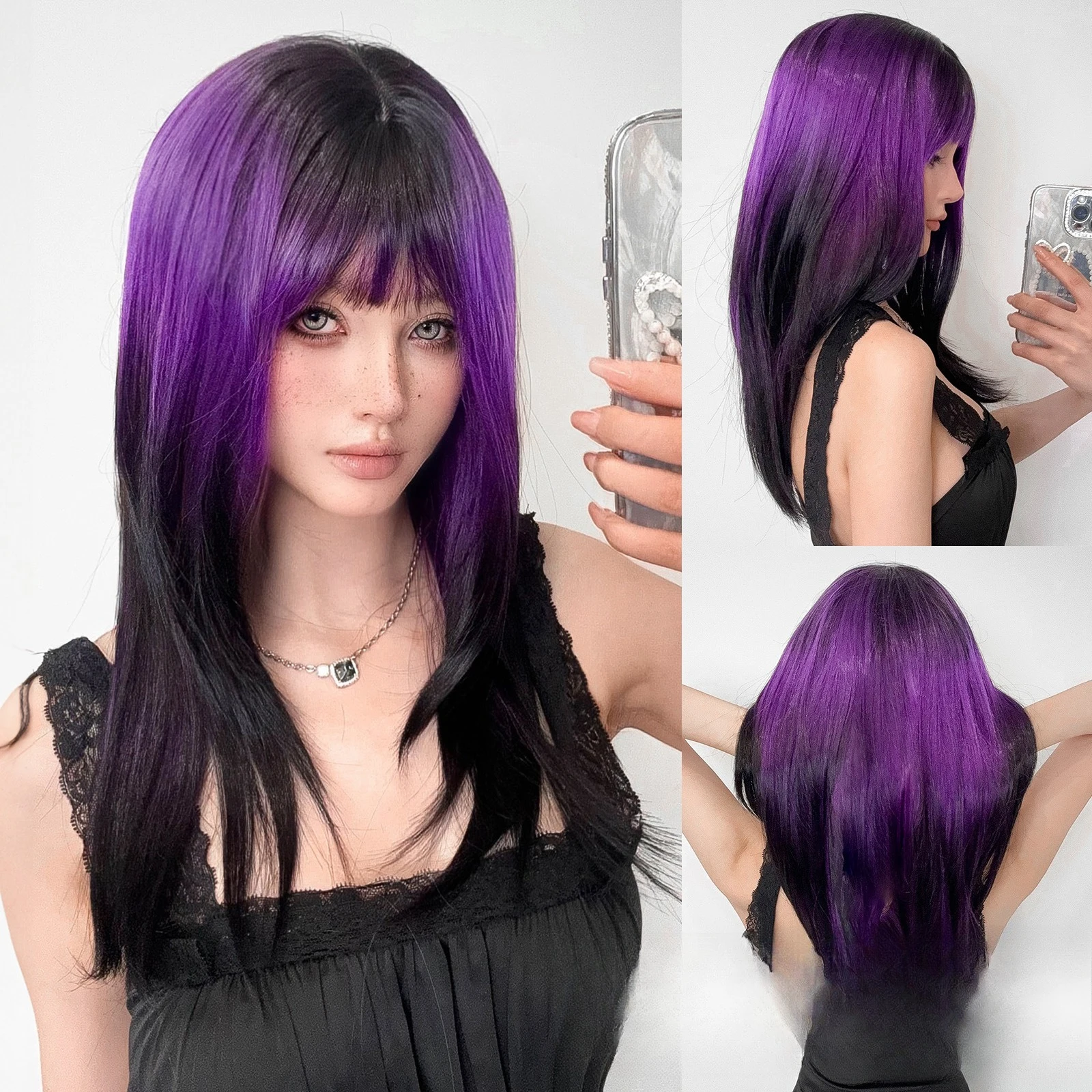 

Wig female purple long straight hair hot female group wind air bangs jk shawl hair full hood