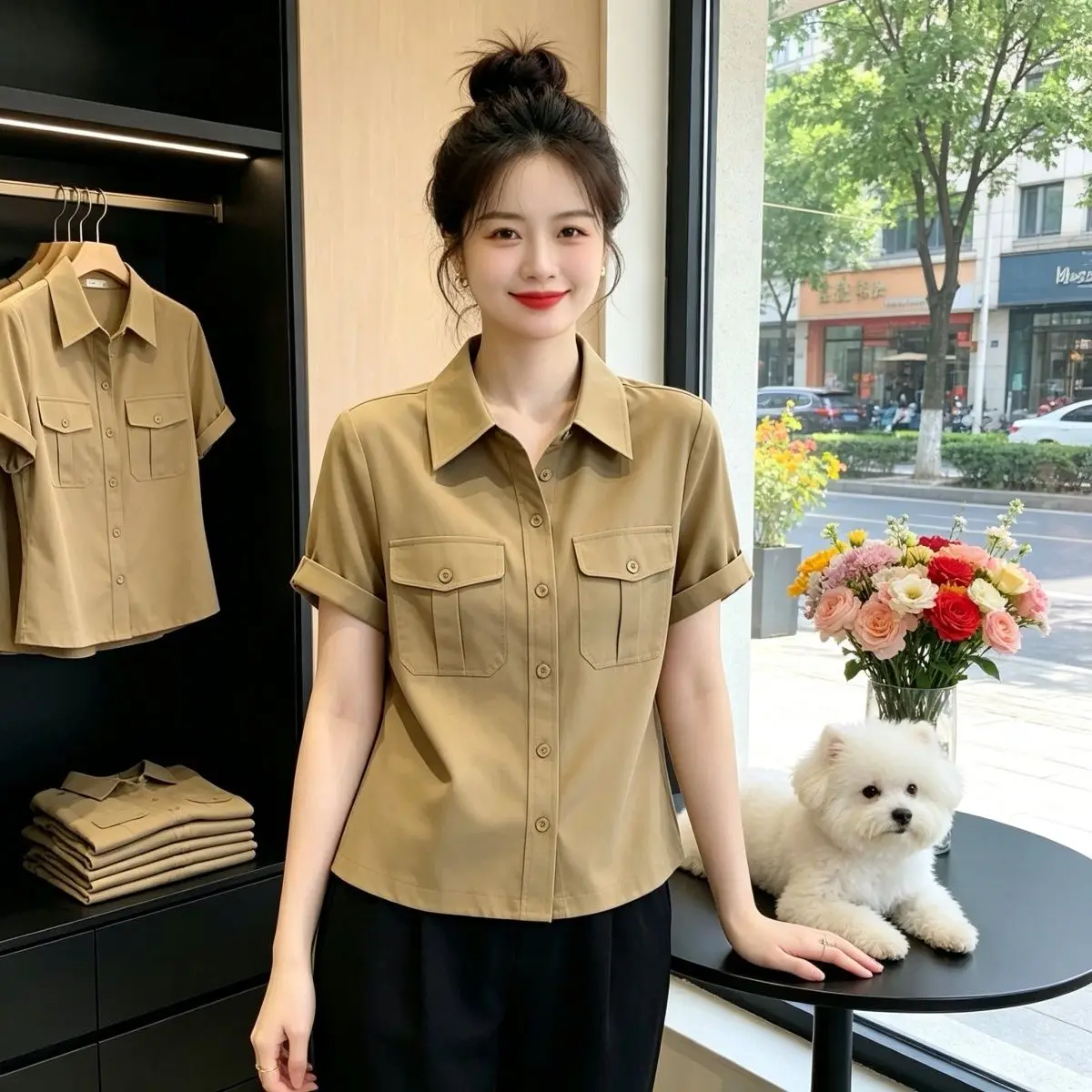 Summer Loose Short Sleeve Shirt Women's Minimalist Turn-down Collar Commute Versatile Anti-aging Large Size Fat MM Top
