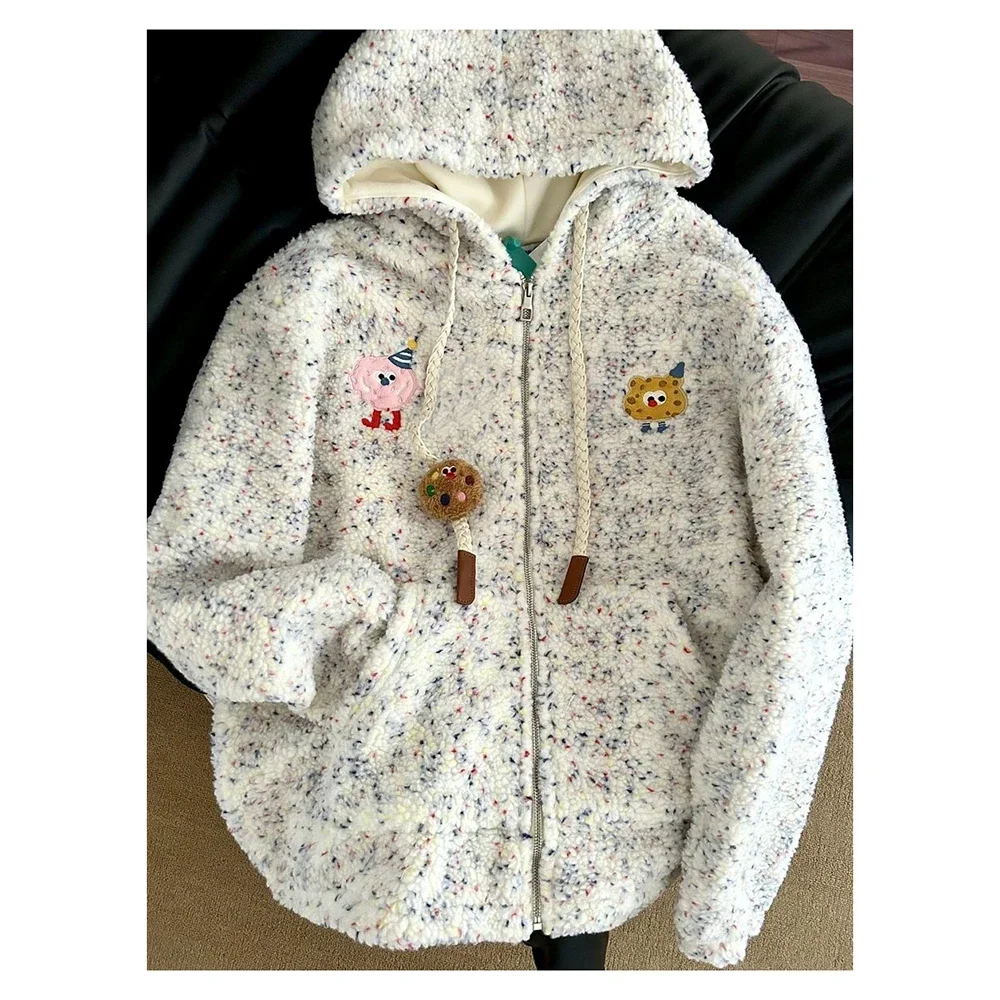 Cute cartoon embroidered furry and plush jacket for women's winter lamb fur hooded cotton jacket  sweatshirt  korean