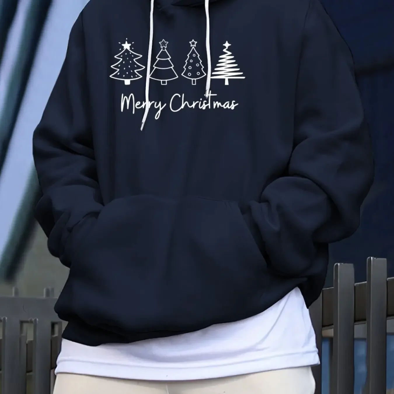Cute Outline Style Assorted Christmas Tree Sketch Merry‑Christmas Script Hooded Sweatshirt Men Women Minimalist Christmas Hoodie