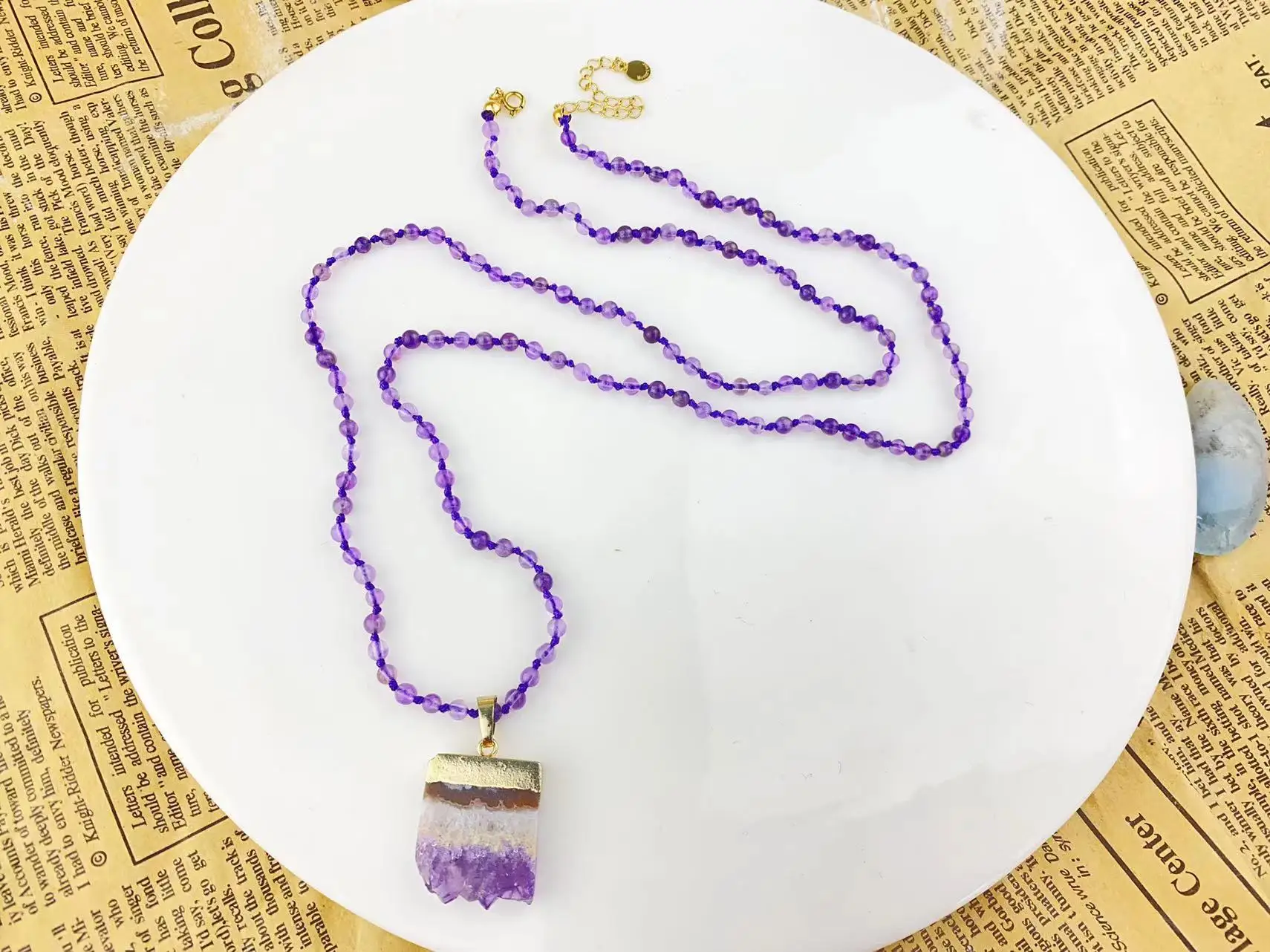 Instagram style fashionable commuting minimalist niche jewelry Tianhe stone bead design pendant natural amethyst titanium steel