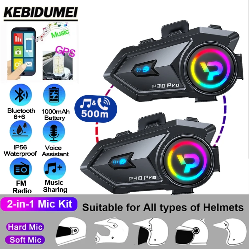 

KEBIDUMEI 500M 2-Way Helmet Intercom Motorcycle Dual V6.0 Bluetooth Headset FM Radio Music Sharing Handsfree Interphone IP56