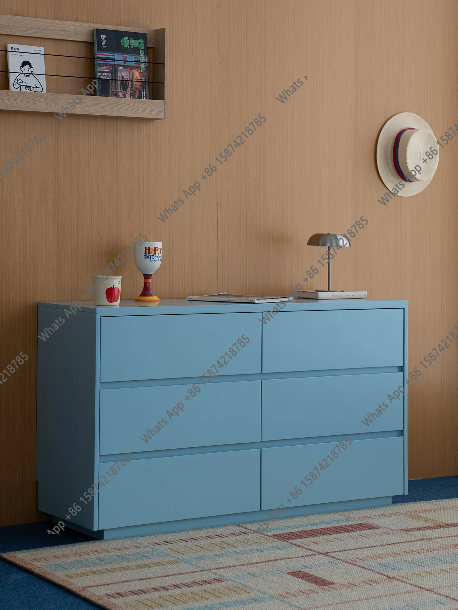 Floating bucket cabinet blue Korean Bauhaus bedside storage cabinet small apartment living room dining side cabinet