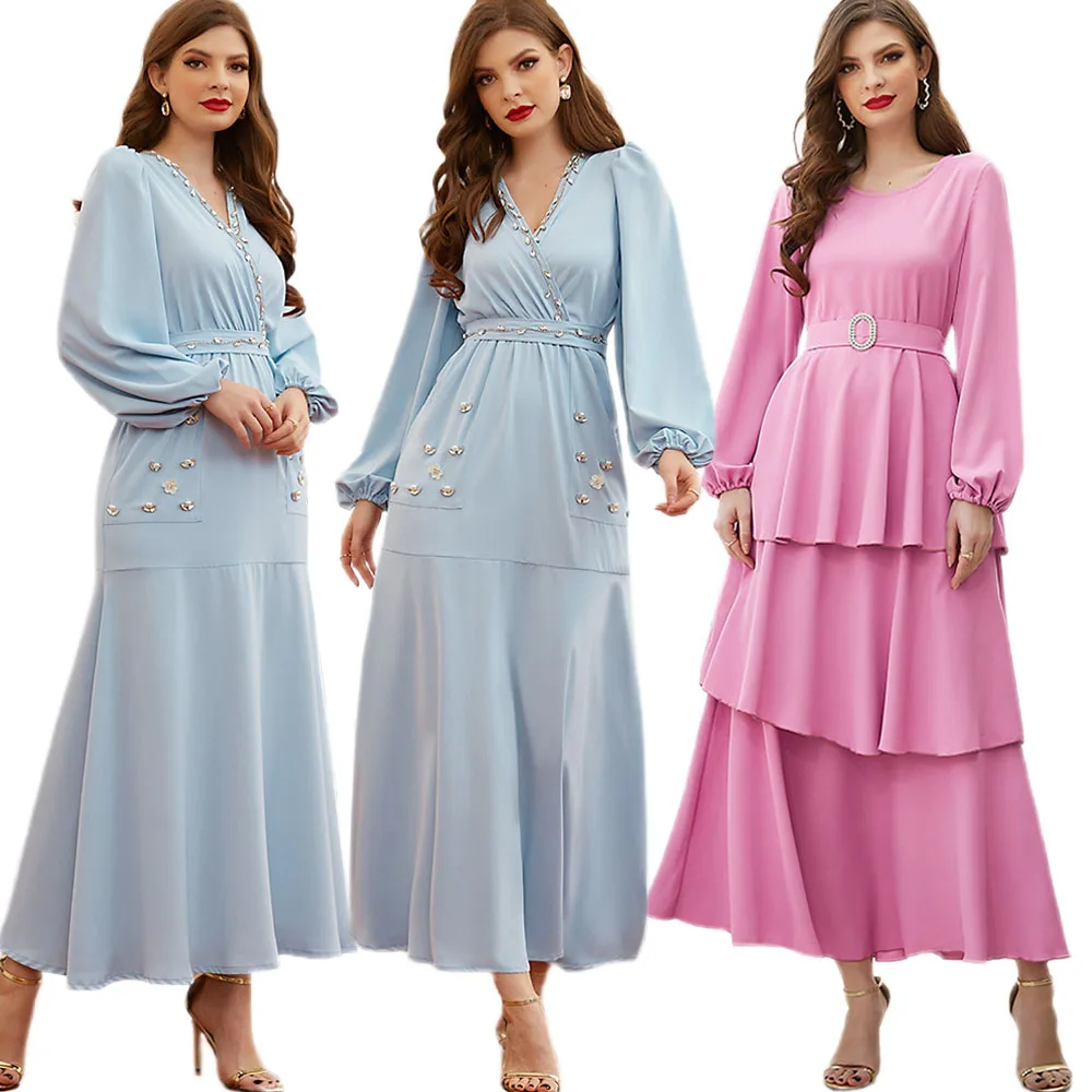 Caftan Dubai Women Long Dress Elegant Rhinestone Luxury Party Gown Muslim Abayas Arbaic Jalabiya Turkey Middle East Moroccan Eid