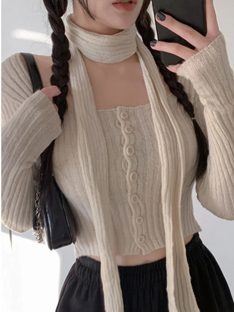 Autumn/winter Korean Version New Square Neck Off Shoulder Long Sleeve Single Breasted Cinching Waist Slim Cardigan D671