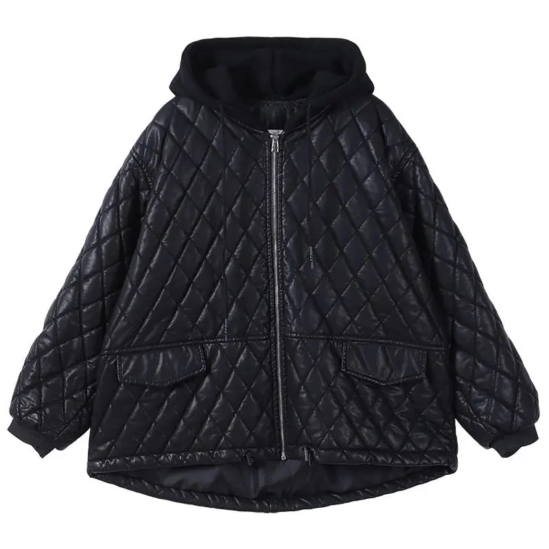 Korean Loose Oversized Women Cotton Padded Jacket Thicke Quilted Warm Autumn Winter Jacket Hooded Outerwear Female Parkas Black